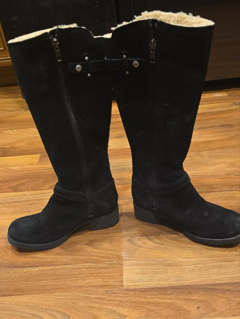 Women's Black Suede Tall Winter Boots with Shearling Lining